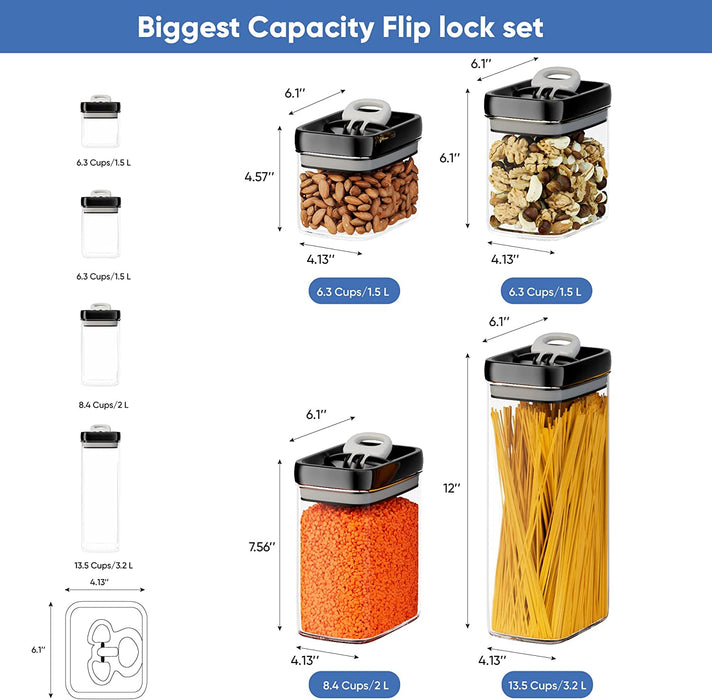 Airtight Food Storage Containers Set for Home Organization - 7 Piece Largest Flip Lock Airtight Set w/ more Capacity - BPA Free Plastic Dry Food Storage Containers with Lids