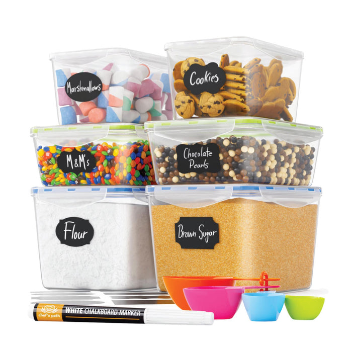 Food Storage Containers - Pantry Organization and Storage - Great for Flour, Sugar, Baking Supplies - Airtight Kitchen Bulk Food Canisters - BPA-Free - 6 PC Set - Spoons, 8 Labels & Pen Chef's Path