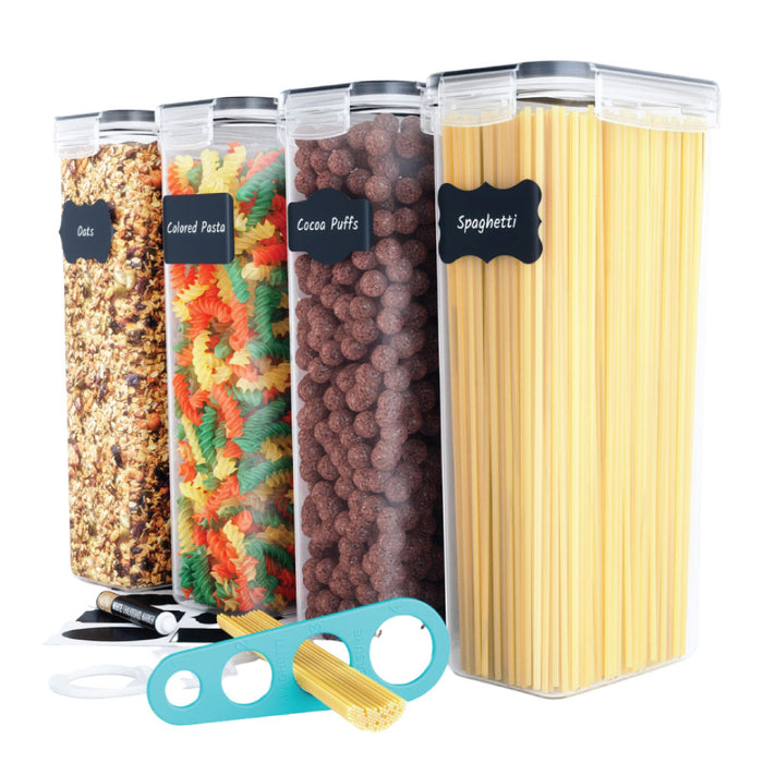 Chef's Path Airtight Food Storage Containers (Set of 4, 2.8L) - Tall Pasta Storage Containers for Pantry & Kitchen Organization, Spaghetti, Noodles, Cereal - Lids, Spoon and Reusable Labels Included