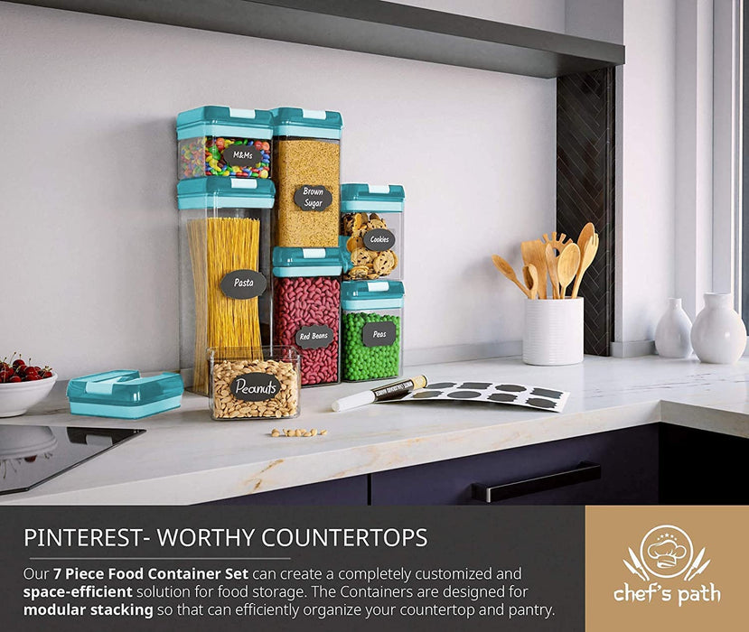 Airtight Food Storage Containers for Kitchen & Pantry Organization and Storage (7 Pack TEAL color) - BPA Free Plastic Food Containers with Lock Lids - Sugar, Flour, Pasta & Cereal Canister with Labels & Marker