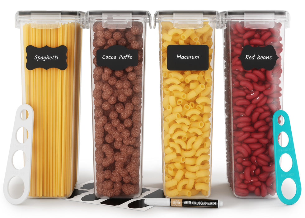 Chef's Path Airtight Food Storage Containers (Set of 4, 2.8L) - Tall Pasta Storage Containers for Pantry & Kitchen Organization, Spaghetti, Noodles, Cereal - Lids, Spoon and Reusable Labels Included