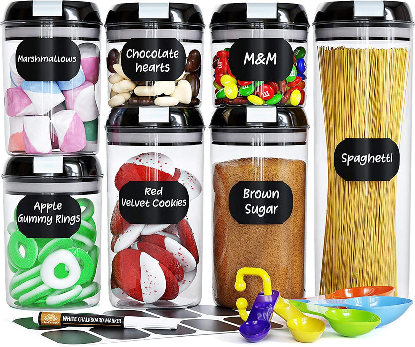 Chef's Path Airtight Food Storage Container Set Round Shape - 7 PC - Kitchen & Pantry Organization - BPA-Free - Plastic Canisters with Durable Lids Ideal for Cereal, Flour & Sugar - Labels, Marker & Spoon Set