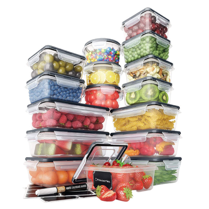 32 Piece Food Storage Containers Set with Easy Snap Lids (16 Lids + 16 Containers) - Airtight Plastic Containers for Pantry & Kitchen Organization - BPA-Free Food Containers with Free Labels & Marker