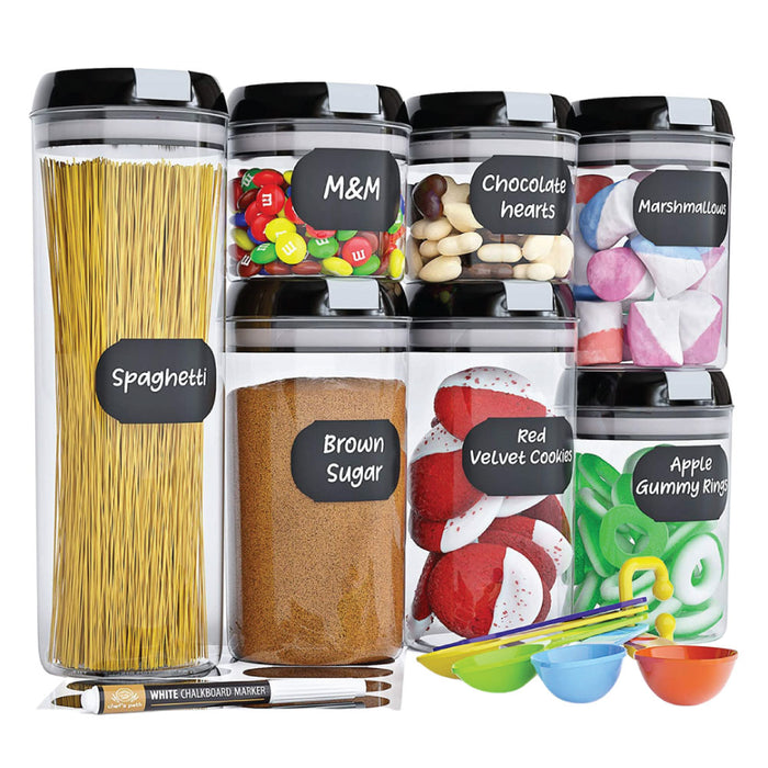 Chef's Path Airtight Food Storage Container Set Round Shape - 7 PC - Kitchen & Pantry Organization - BPA-Free - Plastic Canisters with Durable Lids Ideal for Cereal, Flour & Sugar - Labels, Marker & Spoon Set